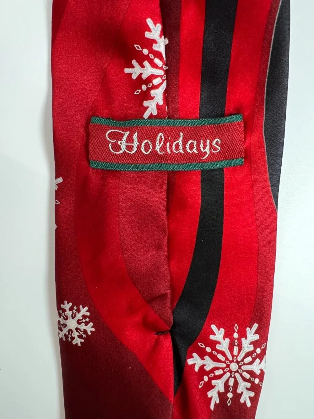 Holidays Red Christmas Tie with White Snowflakes & Black Ribbon  100% Silk